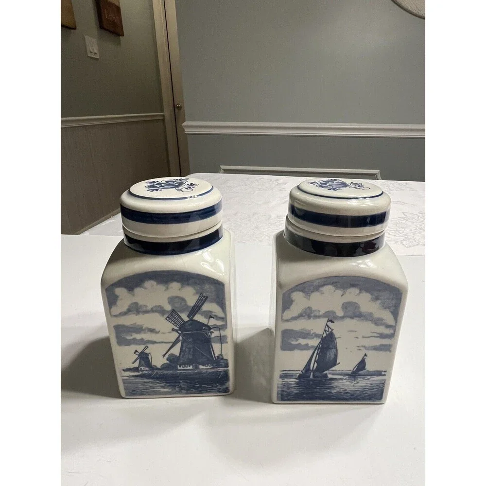 Pair of Delft Blue White Lidded Jars Spice Vanity Windmill Sailboat